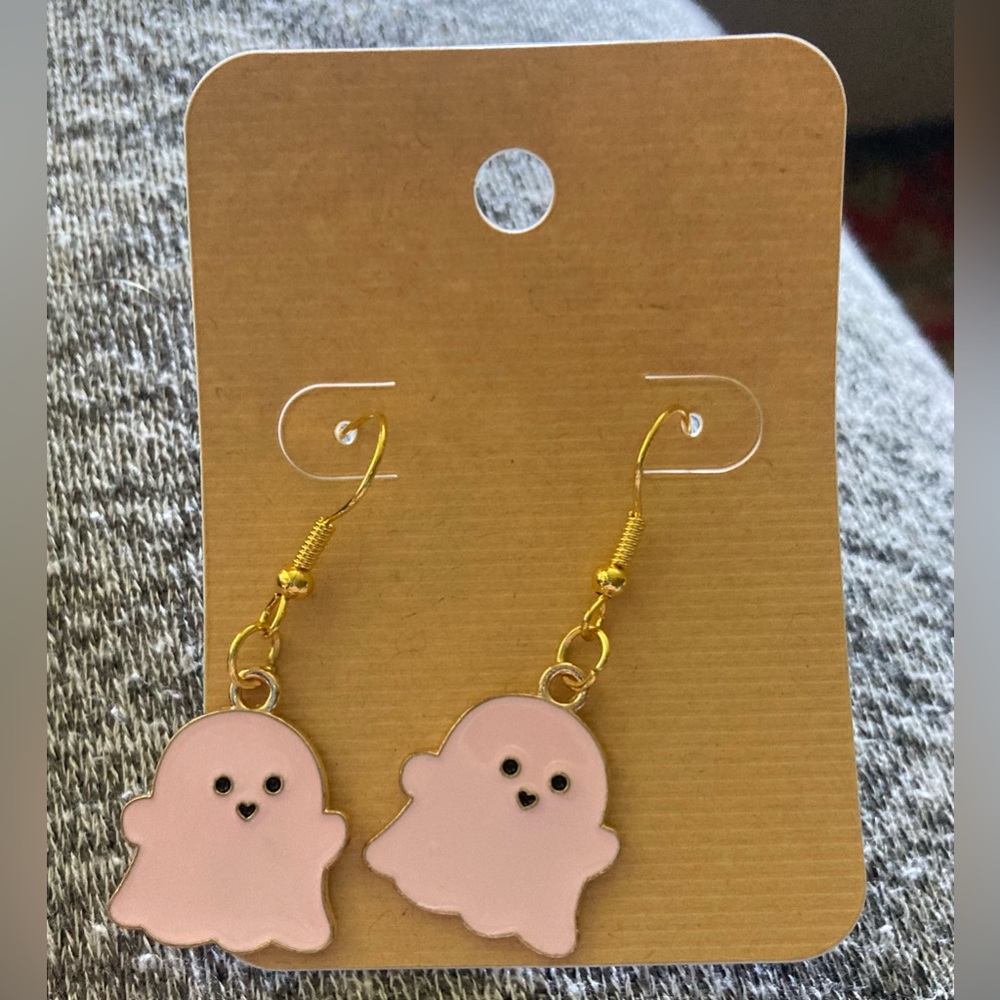 new dangle Pink enamel and gold ghost earrings - Picture 1 of 5